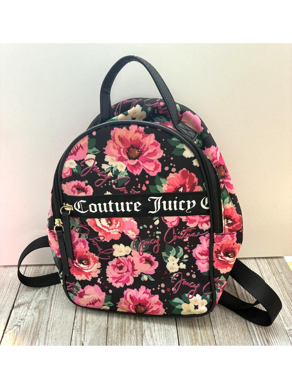 Juicy Couture Floral Mini Backpack Black Pink Womens Small Bag Zip Closure